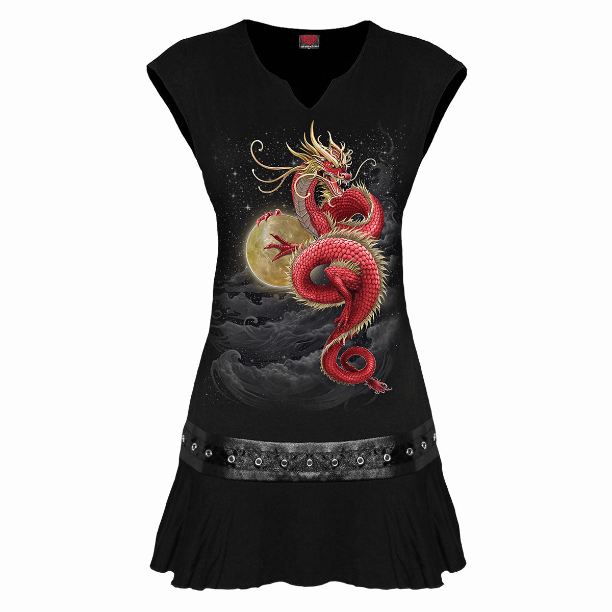 Shenlong gothic Stud Waist Mini Dress in Black by Spiral Clothing - Front view