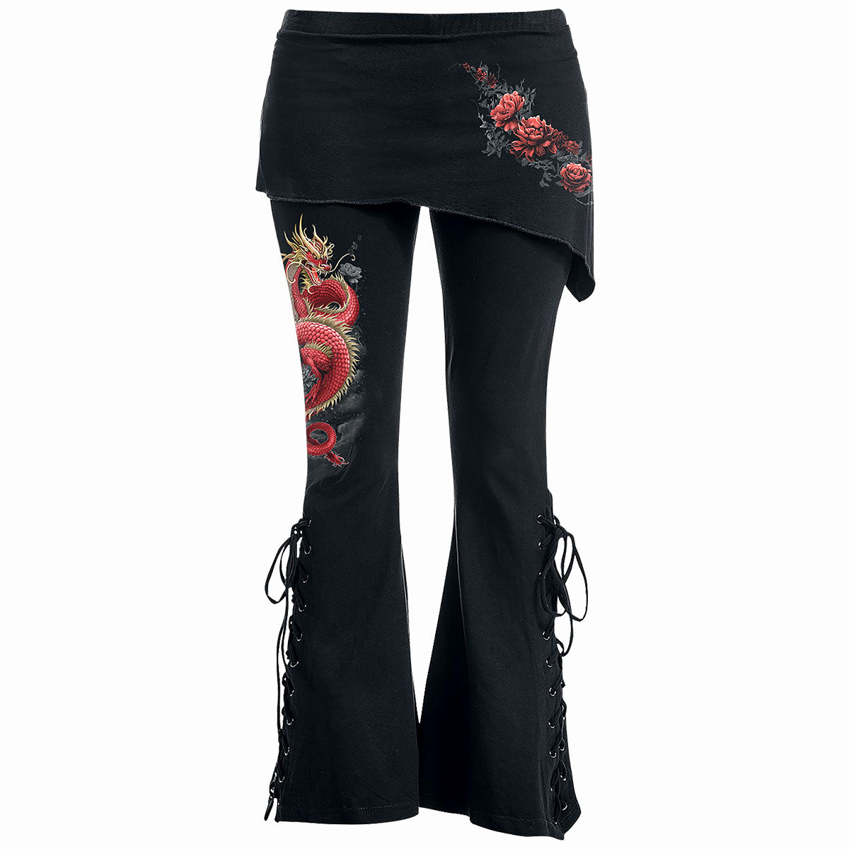 Shenlong gothic Women's 2in1 Boot-Cut Leggings with Micro Slant Skirt in Green/Black by Spiral Clothing - Front view