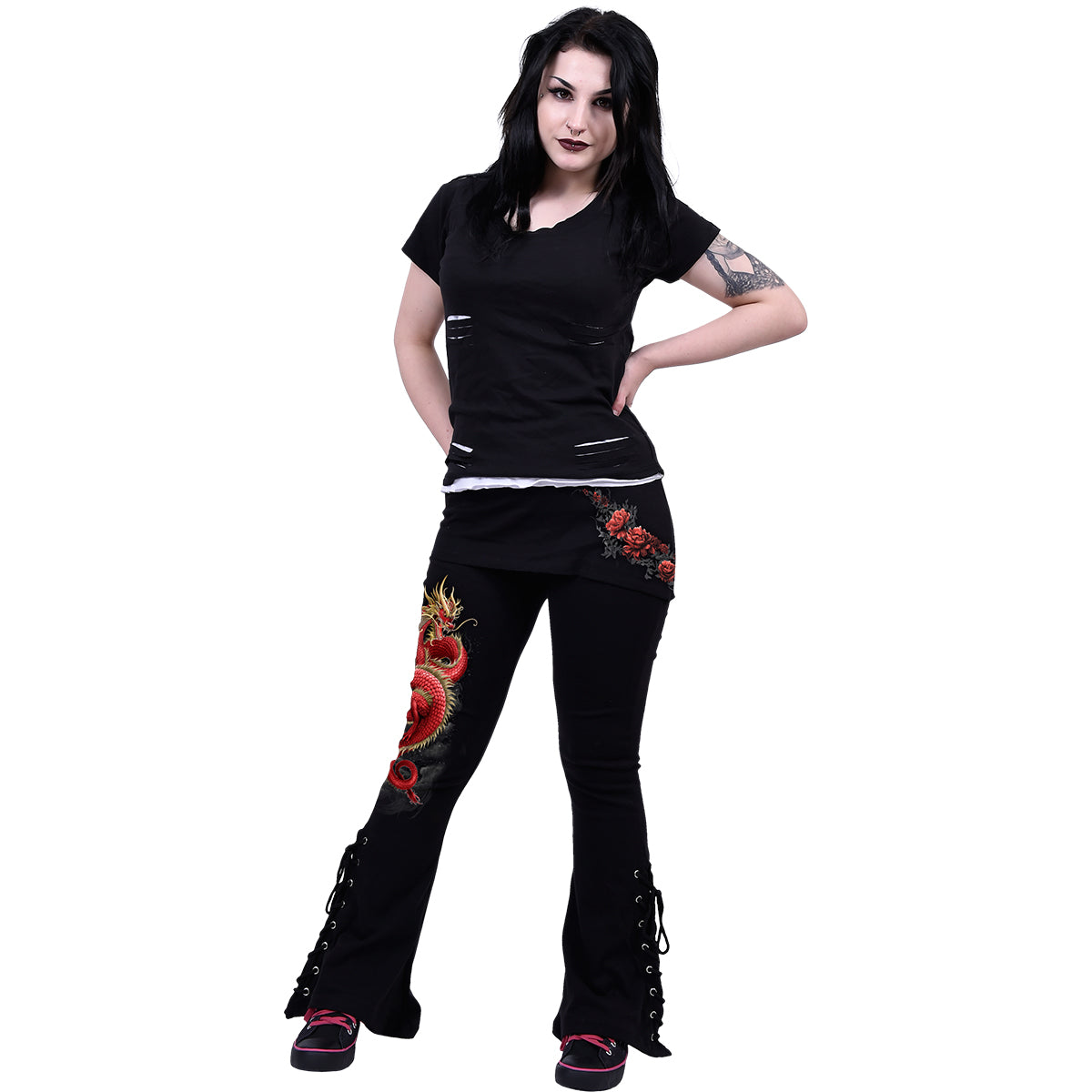 Shenlong gothic  2in1 Boot-Cut Leggings with Micro Slant Skirt in Green/Black by Spiral Clothing worn by a women
