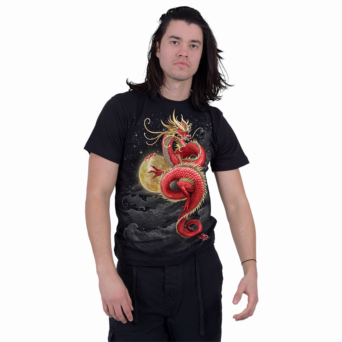 Male model wearing Shenlong gothic Front Print T-Shirt in Black by Spiral Clothing