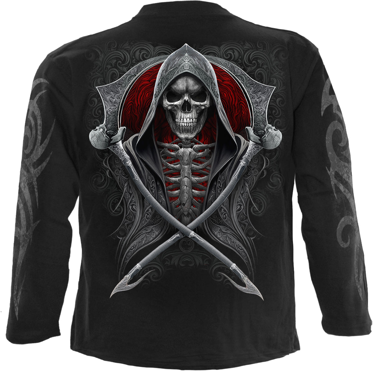 Back view of Reaper's Portal gothic  Longsleeve T-Shirt in Black by Spiral Clothing
