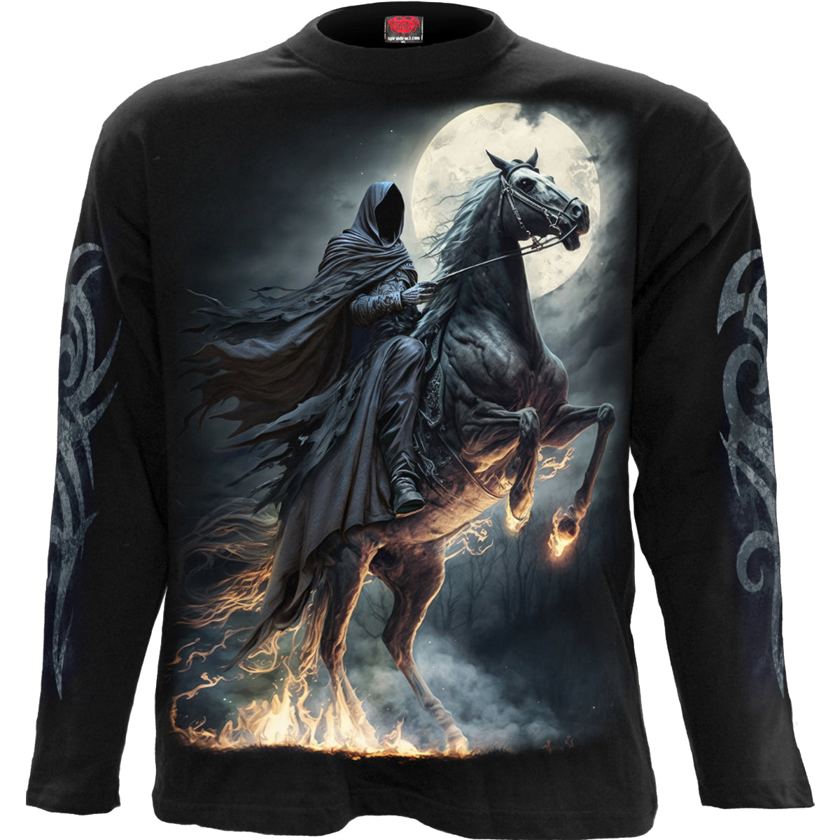 Shadow Rider gothic Longsleeve T-Shirt in Black by Spiral Clothing - Front view