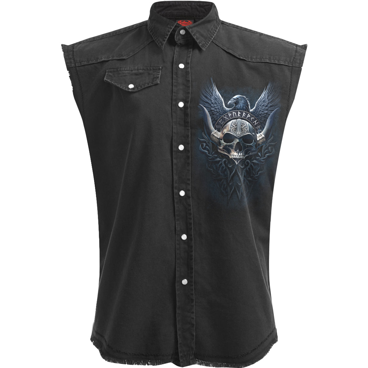 Odin's Warrior gothic Men's Sleeveless Stone Washed Worker Shirt in Black by Spiral Clothing - Front view