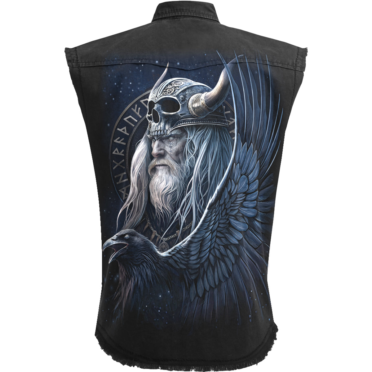 Back view of Odin's Warrior gothic  Sleeveless Stone Washed Worker Shirt in Black by Spiral Clothing