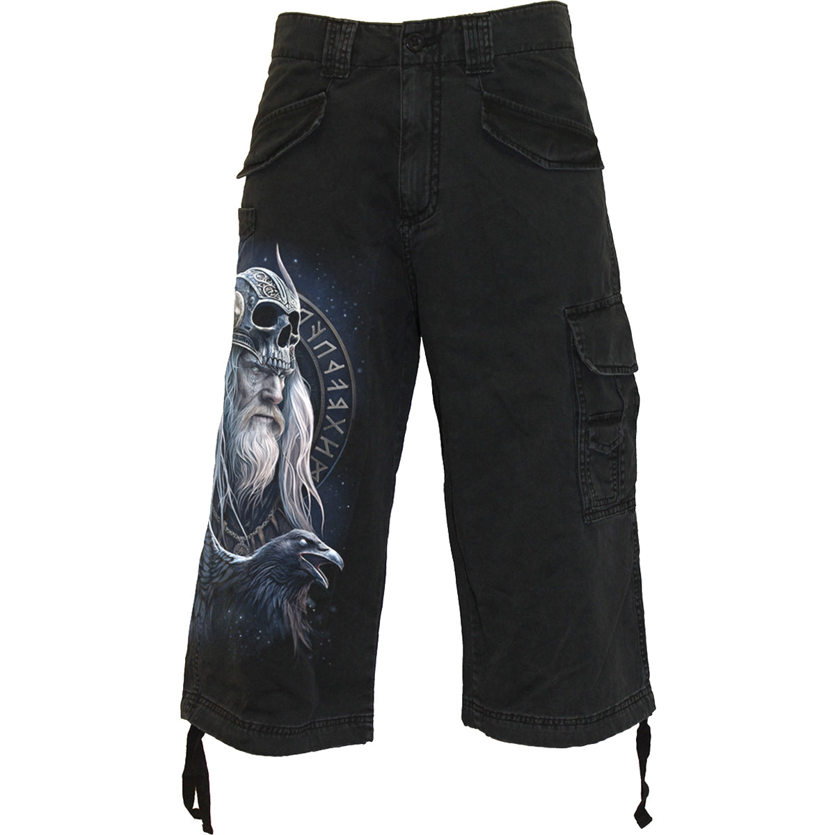 Male model wearing Odin's Warrior gothic Vintage Cargo Shorts 3/4 Long in Black by Spiral Clothing