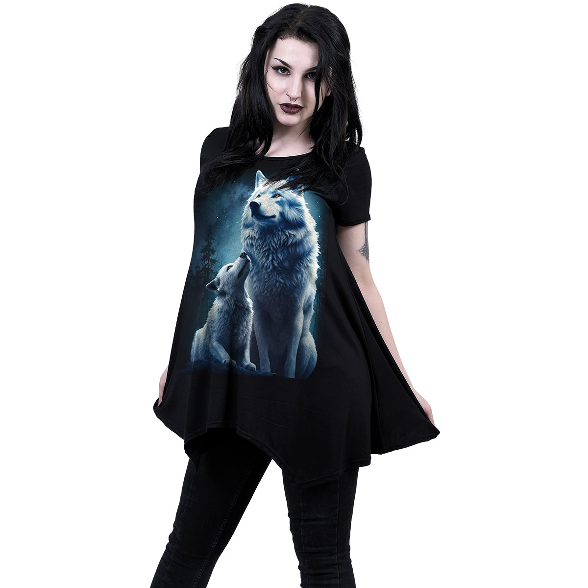 Wolf Guardian gothic Smock - Tunic Casual Top in Black by Spiral Clothing worn by a women
