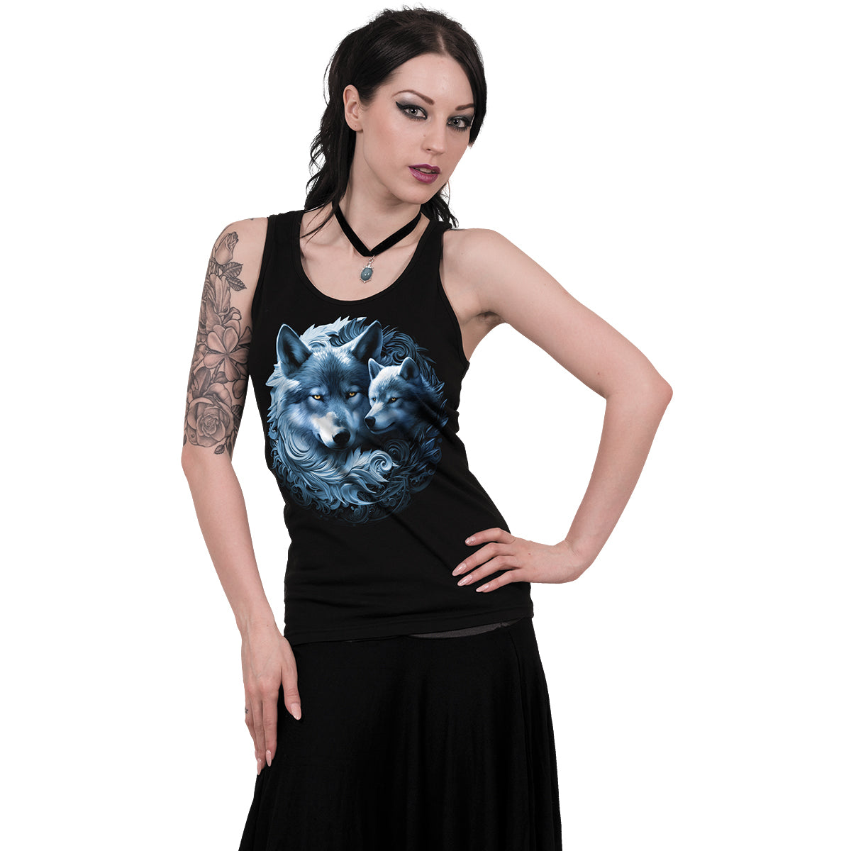 Wolf Guardian gothic Razor Back Top in Black by Spiral Clothing worn by a women