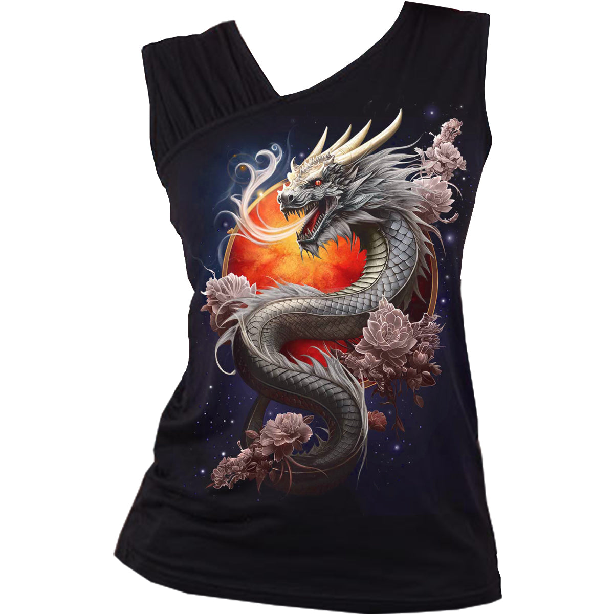 Sun Dragon gothic Gathered Shoulder Slant Vest in Black by Spiral Clothing - Front view