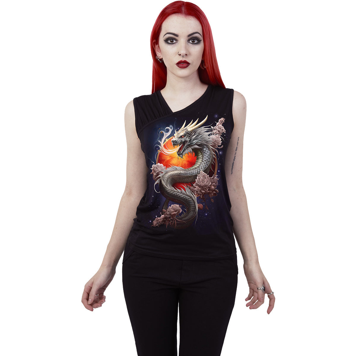 Sun Dragon gothic Gathered Shoulder Slant Vest in Black by Spiral Clothing worn by a women