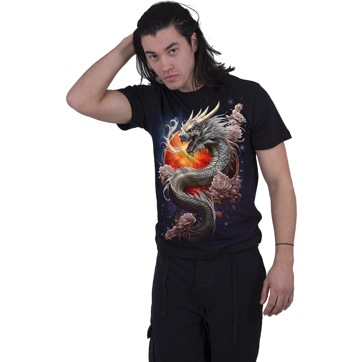 Male model wearing Sun Dragon gothic Front Print T-Shirt in Black by Spiral Clothing