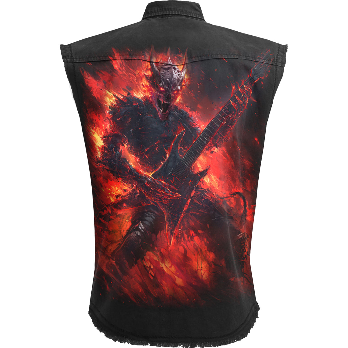 Back view of Riff Burner gothic  Sleeveless Stone Washed Worker Shirt in Black by Spiral Clothing