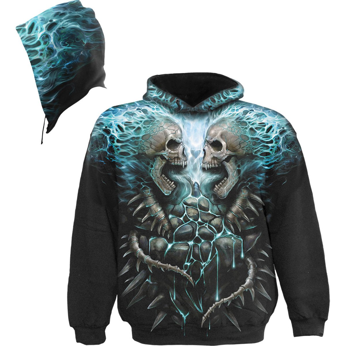 Flaming Spine gothic Men's Allover Hoody in Black by Spiral Clothing - Front view