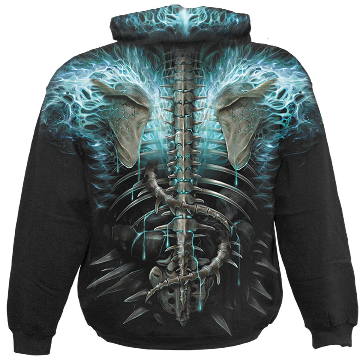 Back view of Flaming Spine gothic  Allover Hoody in Black by Spiral Clothing