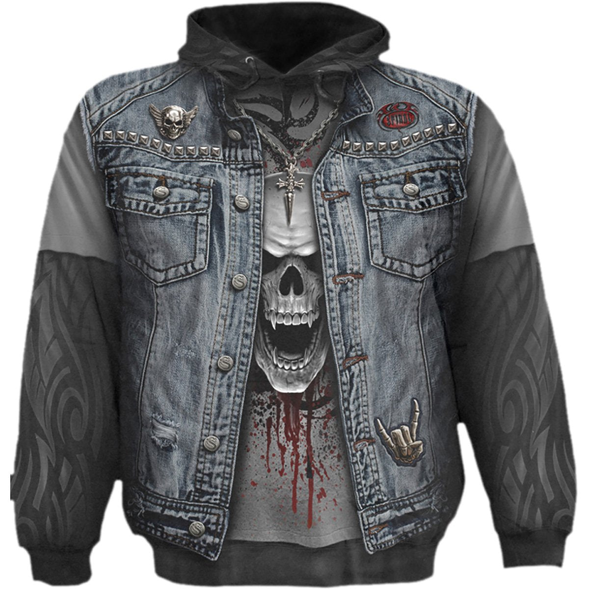 Thrash Metal gothic Men's Allover Hoody in Black by Spiral Clothing 