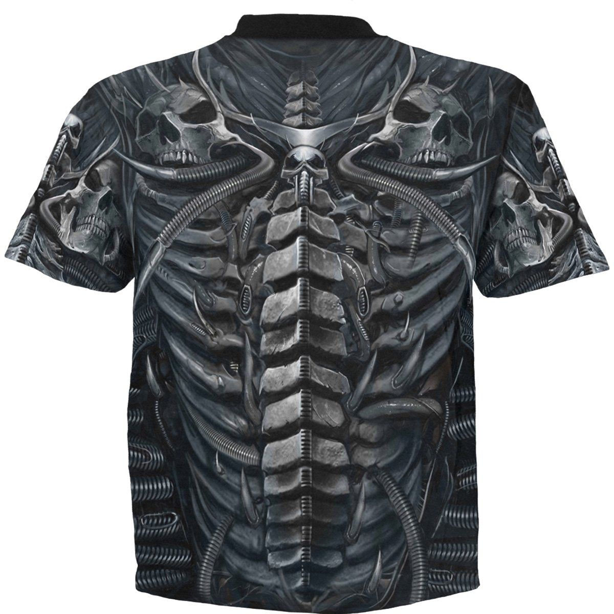 Male model wearing Skull Armour gothic  Allover T-Shirt in Black by Spiral Clothing